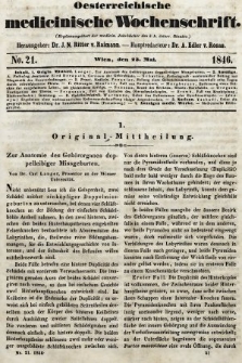 Oesterreichische Medicinische Wochenschrift als Ergänzungsblatt der Medicinischen Jahrbücher des k.k. Österreichischen Staates. 1846, nr 21