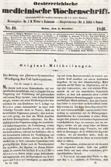 Oesterreichische Medicinische Wochenschrift als Ergänzungsblatt der Medicinischen Jahrbücher des k.k. Österreichischen Staates. 1846, nr 40