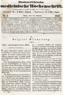 Oesterreichische Medicinische Wochenschrift als Ergänzungsblatt der Medicinischen Jahrbücher des k.k. Österreichischen Staates. 1847, nr 4