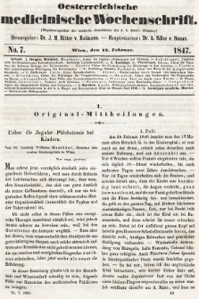 Oesterreichische Medicinische Wochenschrift als Ergänzungsblatt der Medicinischen Jahrbücher des k.k. Österreichischen Staates. 1847, nr 7