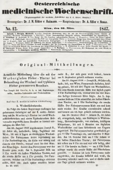 Oesterreichische Medicinische Wochenschrift als Ergänzungsblatt der Medicinischen Jahrbücher des k.k. Österreichischen Staates. 1847, nr 12