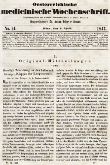 Oesterreichische Medicinische Wochenschrift als Ergänzungsblatt der Medicinischen Jahrbücher des k.k. Österreichischen Staates. 1847, nr 14