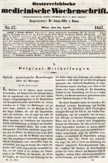 Oesterreichische Medicinische Wochenschrift als Ergänzungsblatt der Medicinischen Jahrbücher des k.k. Österreichischen Staates. 1847, nr 17