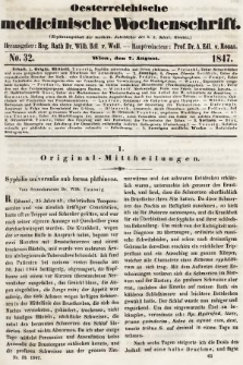 Oesterreichische Medicinische Wochenschrift als Ergänzungsblatt der Medicinischen Jahrbücher des k.k. Österreichischen Staates. 1847, nr 32