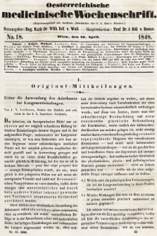 Oesterreichische Medicinische Wochenschrift als Ergänzungsblatt der Medicinischen Jahrbücher des k.k. Österreichischen Staates. 1848, nr 18
