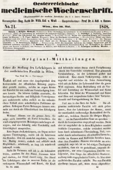 Oesterreichische Medicinische Wochenschrift als Ergänzungsblatt der Medicinischen Jahrbücher des k.k. Österreichischen Staates. 1848, nr 21