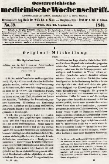 Oesterreichische Medicinische Wochenschrift als Ergänzungsblatt der Medicinischen Jahrbücher des k.k. Österreichischen Staates. 1848, nr 39