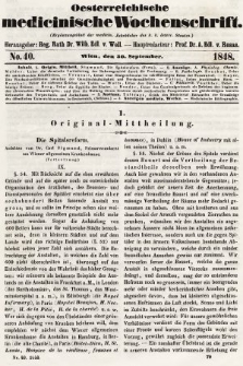 Oesterreichische Medicinische Wochenschrift als Ergänzungsblatt der Medicinischen Jahrbücher des k.k. Österreichischen Staates. 1848, nr 40