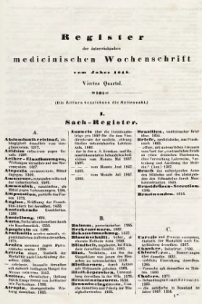 Oesterreichische Medicinische Wochenschrift als Ergänzungsblatt der Medicinischen Jahrbücher des k.k. Österreichischen Staates. 1848, register