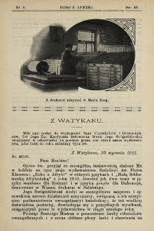 Echo z Afryki : pismo miesięczne illustrowane dla poparcia misyj katolickich w Afryce. 1911, nr 4