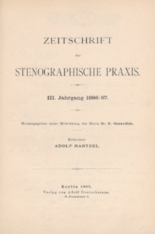 Zeitschrift für Stenographische Praxis. Jg 3, 1886/1887, [Spis rocznika]