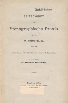 Zeitschrift für Stenographische Praxis. Jg 4, 1887/1888, [Spis rocznika]