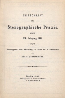 Zeitschrift für Stenographische Praxis. Jg 8, 1891, [Spis rocznika]