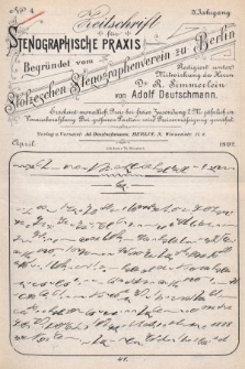 Zeitschrift für Stenographische Praxis. Jg 9, 1892, no. 4