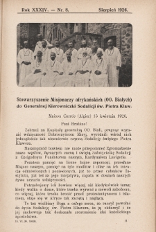 Echo z Afryki : katolickie pismo miesięczne dla poparcia działalności misyjnej w Afryce. 1926, nr 8