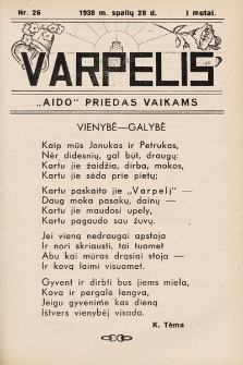 Varpelis : „Aido“ priedas vaikams. 1938, nr 26