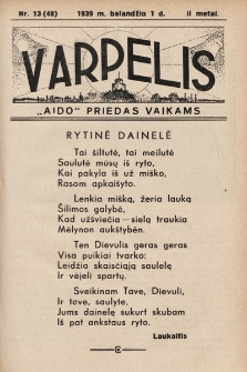 Varpelis : „Aido“ priedas vaikams. 1939, nr 13