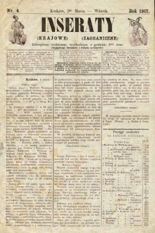 Inseraty (Krajowe) i (Zagraniczne) : czasopismo codzienne wychodzące o godzinie 8 rano (wyjąwszy niedziele i święta uroczyste). 1867, nr 4