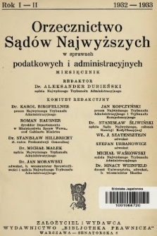 Orzecznictwo Sądów Najwyższych w Sprawach Podatkowych i Administracyjnych. R. 1, 1932, T. 1, skorowidz