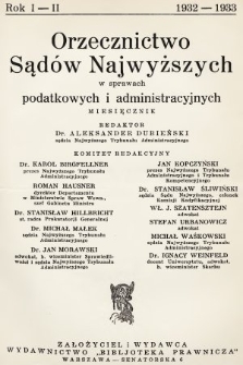Orzecznictwo Sądów Najwyższych w Sprawach Podatkowych i Administracyjnych. R. 2, 1933, T. 1, skorowidz