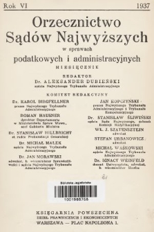 Orzecznictwo Sądów Najwyższych w Sprawach Podatkowych i Administracyjnych. R. 6, 1937, T. 1-2, skorowidz