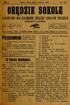 Orędzie Sokole : czasopismo dla członków Związku Sokołów Polskich Dzielnicy Śląskiej. 1920, nr 12