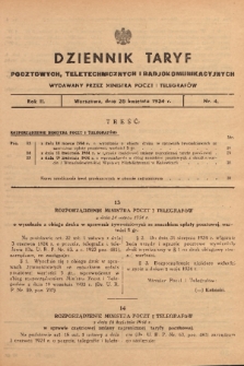 Dziennik Taryf Pocztowych, Teletechnicznych i Radjokomunikacyjnych. 1934, nr 4