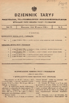 Dziennik Taryf Pocztowych, Teletechnicznych i Radjokomunikacyjnych. 1936, nr 3