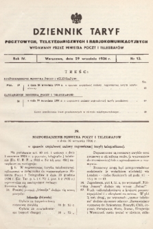 Dziennik Taryf Pocztowych, Teletechnicznych i Radjokomunikacyjnych. 1936, nr 13
