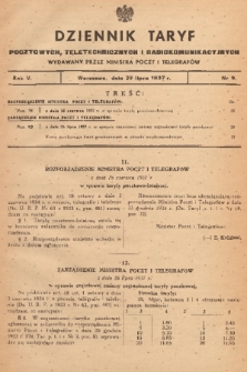 Dziennik Taryf Pocztowych, Teletechnicznych i Radjokomunikacyjnych. 1937, nr 9