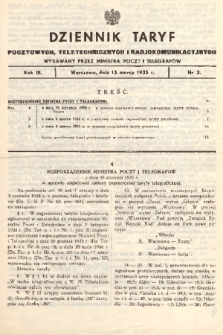 Dziennik Taryf Pocztowych, Teletechnicznych i Radjokomunikacyjnych. 1935, nr 3