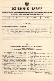 Dziennik Taryf Pocztowych, Teletechnicznych i Radjokomunikacyjnych. 1935, nr 17