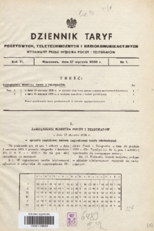 Dziennik Taryf Pocztowych, Teletechnicznych i Radjokomunikacyjnych. 1938, nr 1