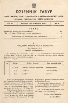 Dziennik Taryf Pocztowych, Teletechnicznych i Radjokomunikacyjnych. 1939, nr 4