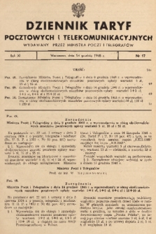 Dziennik Taryf Pocztowych i Telekomunikacyjnych. 1948, nr 17