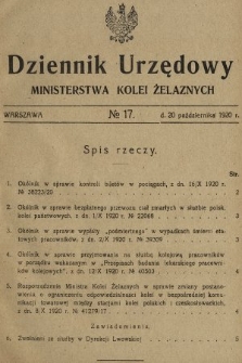 Dziennik Urzędowy Ministerstwa Kolei Żelaznych. 1920, nr 17