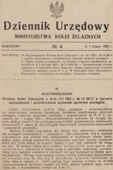 Dziennik Urzędowy Ministerstwa Kolei Żelaznych. 1922, nr 4