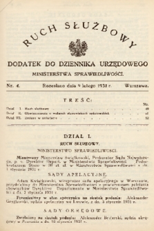 Ruch Służbowy : dodatek do Dziennika Urzędowego Ministerstwa Sprawiedliwości. 1931, nr 4