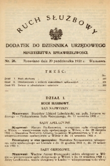 Ruch Służbowy : dodatek do Dziennika Urzędowego Ministerstwa Sprawiedliwości. 1931, nr 26