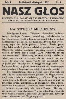 Nasz Głos : pisemko dla parafjan Św. Krzyża i przyjaciół Zakładu Salezjańskiego w Kielcach. 1927, nr 7