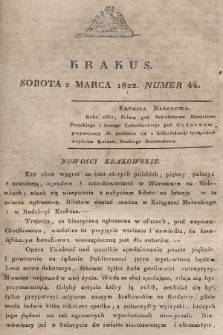 Krakus : towarzysz liberalny Pszczółki Krakowskiej : pismo [...] poświęcone narodowości i polityce, tudzież dziennym zdarzeniom w kraju i stolicy Rzeczypospolitej Krakowskiej. T. 1, 1822, nr 44