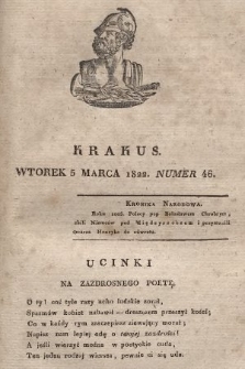 Krakus : towarzysz liberalny Pszczółki Krakowskiej : pismo [...] poświęcone narodowości i polityce, tudzież dziennym zdarzeniom w kraju i stolicy Rzeczypospolitej Krakowskiej. T. 1, 1822, nr 46