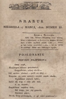Krakus : towarzysz liberalny Pszczółki Krakowskiej : pismo [...] poświęcone narodowości i polityce, tudzież dziennym zdarzeniom w kraju i stolicy Rzeczypospolitej Krakowskiej. T. 1, 1822, nr 55