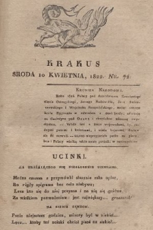 Krakus : towarzysz liberalny Pszczółki Krakowskiej : pismo [...] poświęcone narodowości i polityce, tudzież dziennym zdarzeniom w kraju i stolicy Rzeczypospolitej Krakowskiej. T. 2, 1822, nr 72