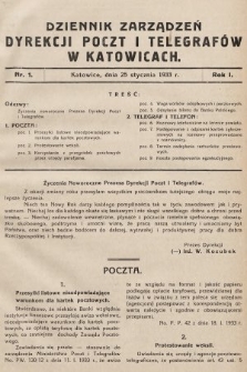 Dziennik Zarządzeń Dyrekcji Poczt i Telegrafów w Katowicach. 1933, nr 1