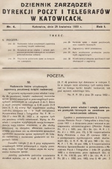 Dziennik Zarządzeń Dyrekcji Poczt i Telegrafów w Katowicach. 1933, nr 4