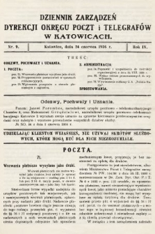 Dziennik Zarządzeń Dyrekcji Okręgu Poczt i Telegrafów w Katowicach. 1936, nr 9