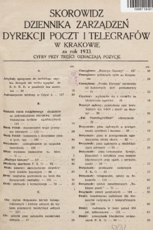 Dziennik Zarządzeń Dyrekcji Poczt i Telegrafów w Krakowie. 1933, skorowidz