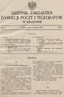 Dziennik Zarządzeń Dyrekcji Poczt i Telegrafów w Krakowie. 1933, nr 2