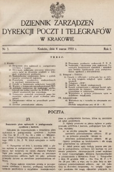 Dziennik Zarządzeń Dyrekcji Poczt i Telegrafów w Krakowie. 1933, nr 3
